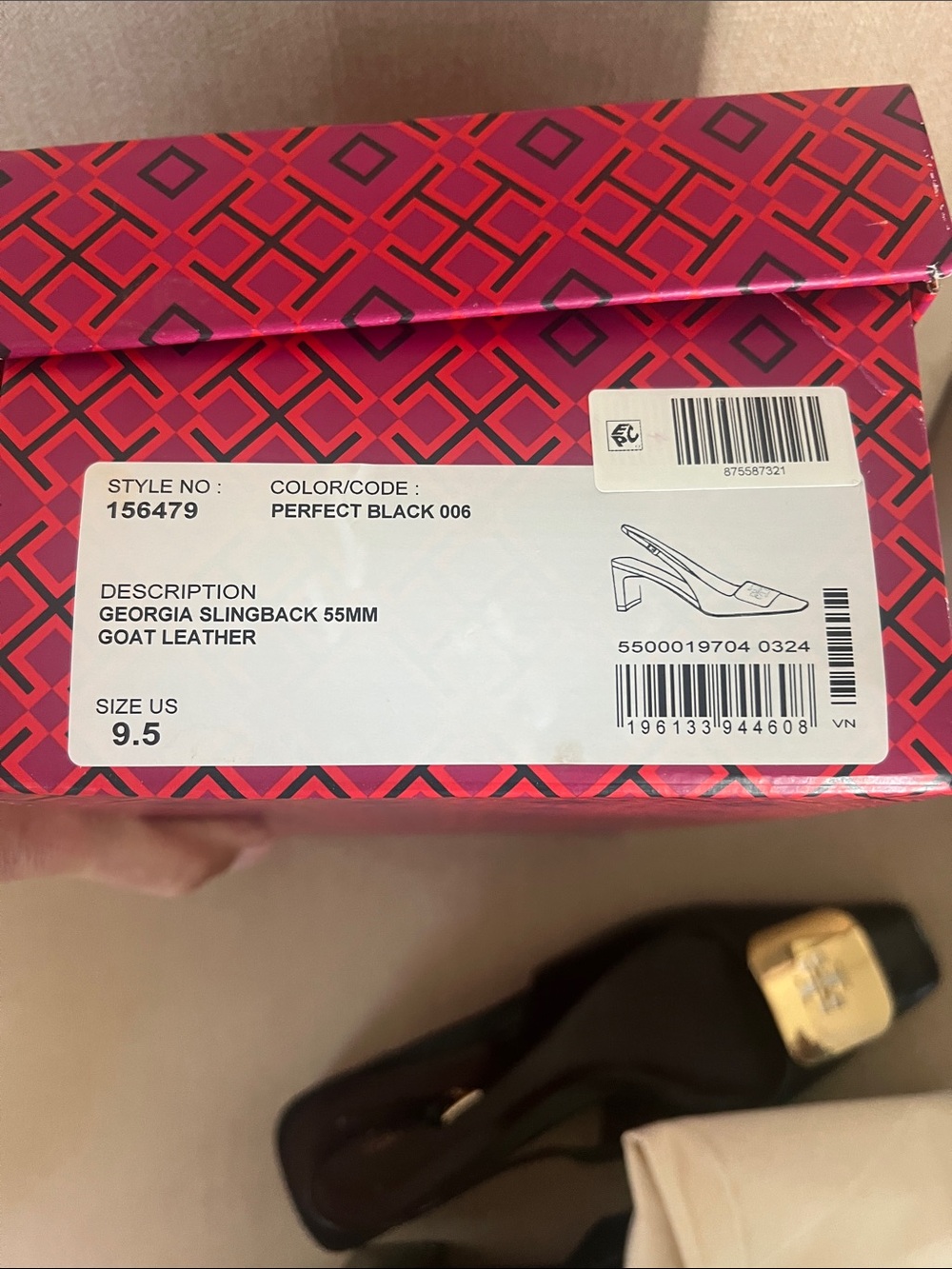 Tory Burch Black Leather Slingback Pumps with Gold Logo Plate - Picture 5 of 7